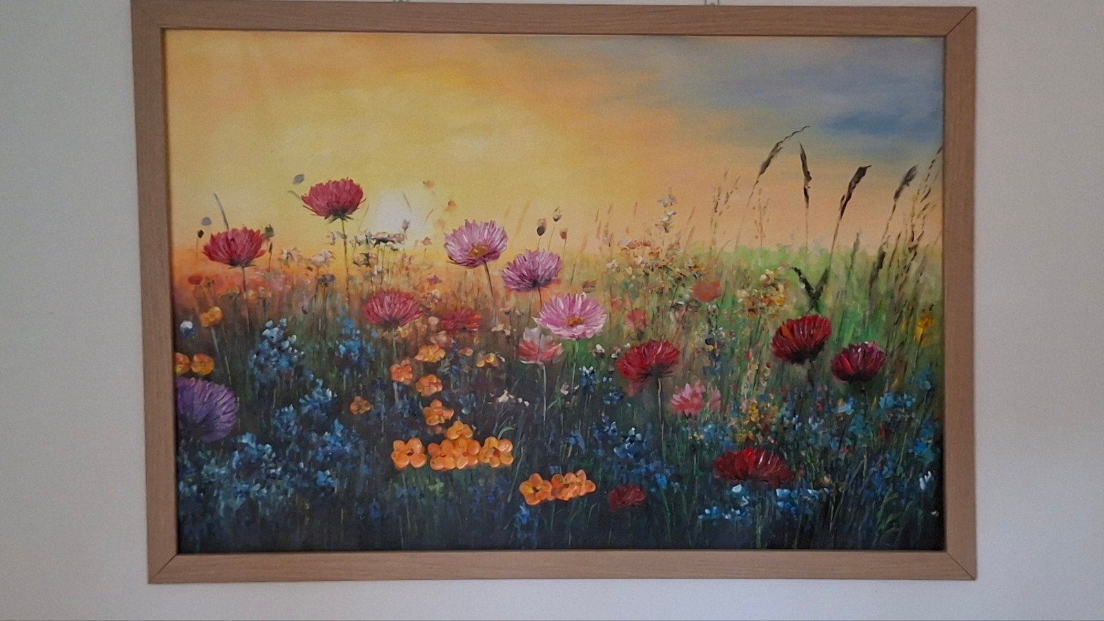 Handgeschilderd Schilderij Bloemenveld 130x90 cm, Antiek en Kunst, Kunst | Schilderijen | Modern, Ophalen, Met textuur, Bloemen
