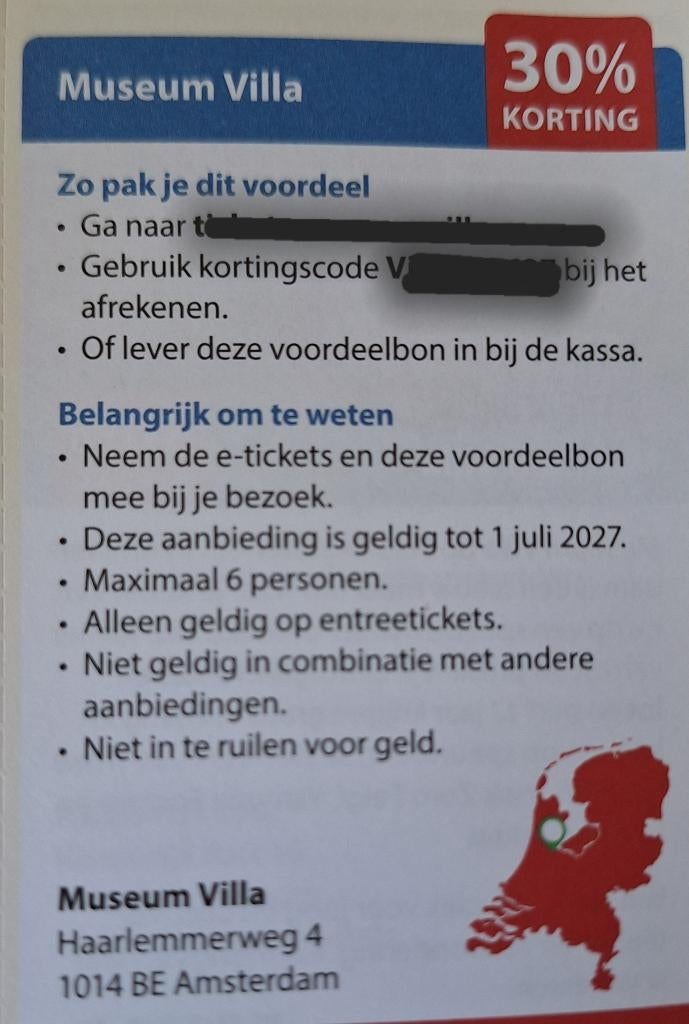 Museum Villa Amsterdam 30% korting, Tickets en Kaartjes, Drie personen of meer, Kortingskaart