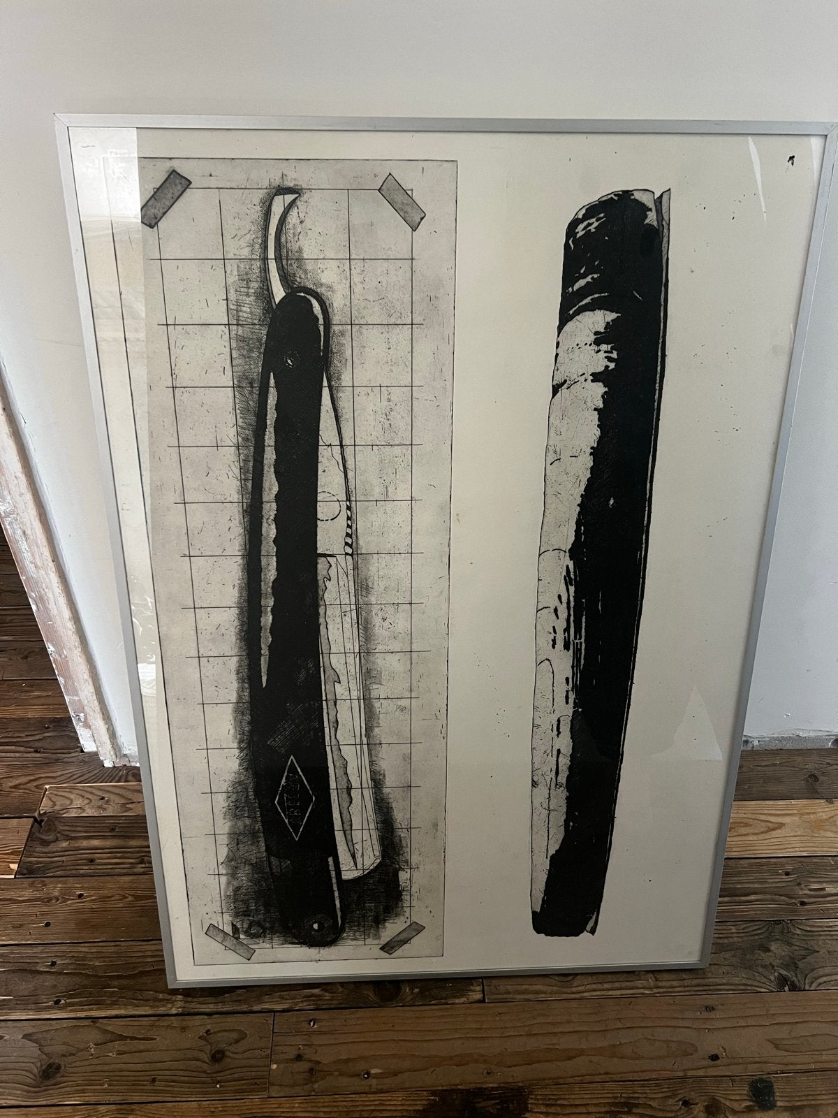 Ets van gesloten scheermessen, Antiek en Kunst, 70 cm, Ophalen of Verzenden, 100 cm, Ingelijst