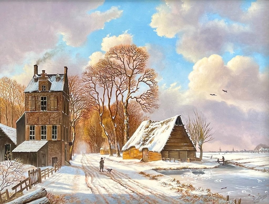 Romantische winter- en zomerlandschappen - Rob van Assen, Paneel, Oud hollands, Ophalen of Verzenden, Gesigneerd