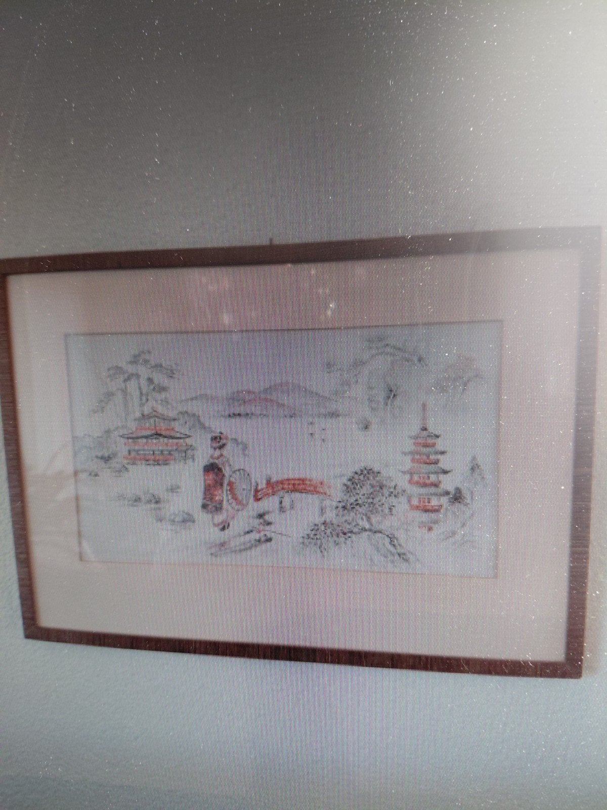 geborduurde tekening Japans tafereel op doek in lijst, Doek, Overige technieken, Achter glas, Ophalen of Verzenden