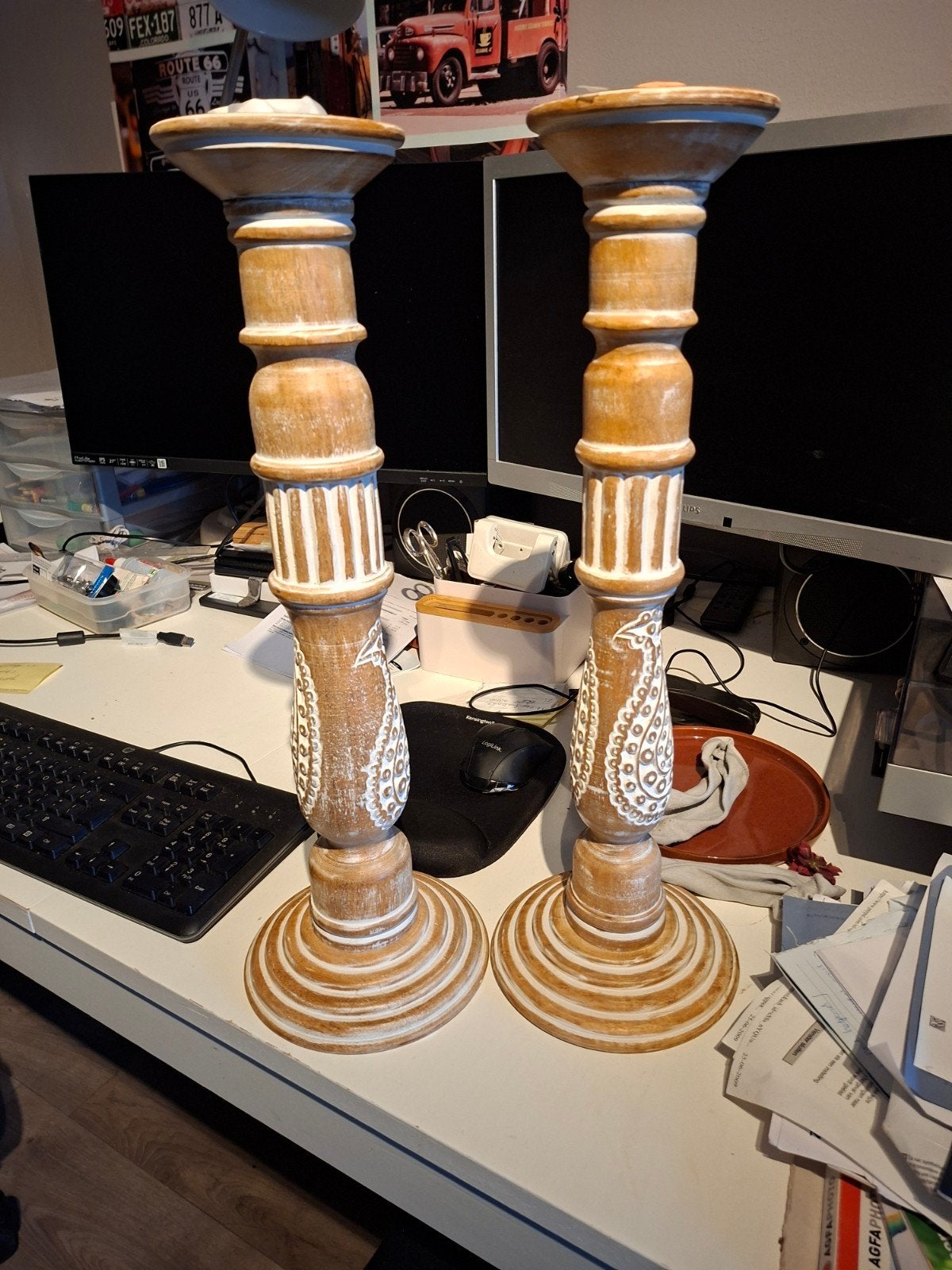 Massief houten kandelaars Ibiza stijl - 60 cm hoog, Ophalen of Verzenden, Gebruikt, Hout, Kandelaar
