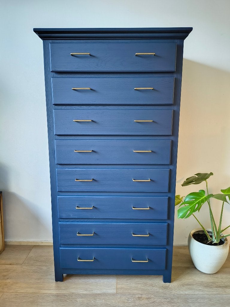 Massief Eiken Ladenkast – Dark blue & Gold, 5 laden of meer, 100 tot 150 cm, Zo goed als nieuw, Hotel Chic
