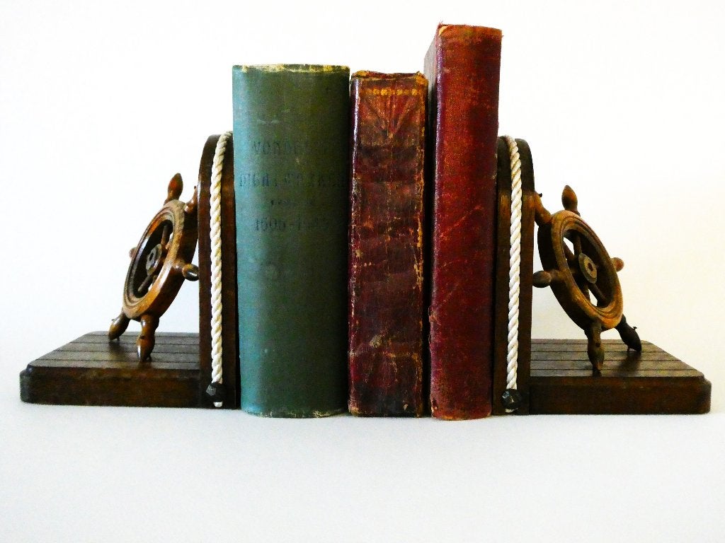 2 Fraaie maritieme boekensteunen met scheepswiel stuurwiel, Antiek en Kunst, Ophalen of Verzenden