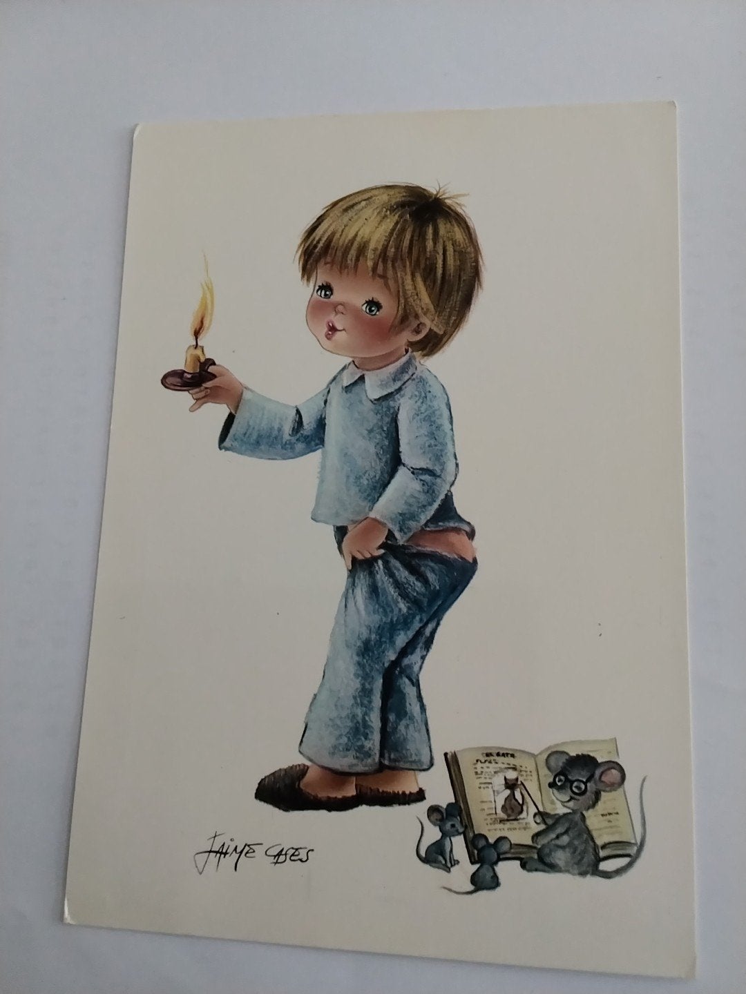 Vintage Ansichtkaart Jongen met Kaars en Muizen (1975), Verzamelen, Ophalen of Verzenden, 1960 tot 1980, Gelopen