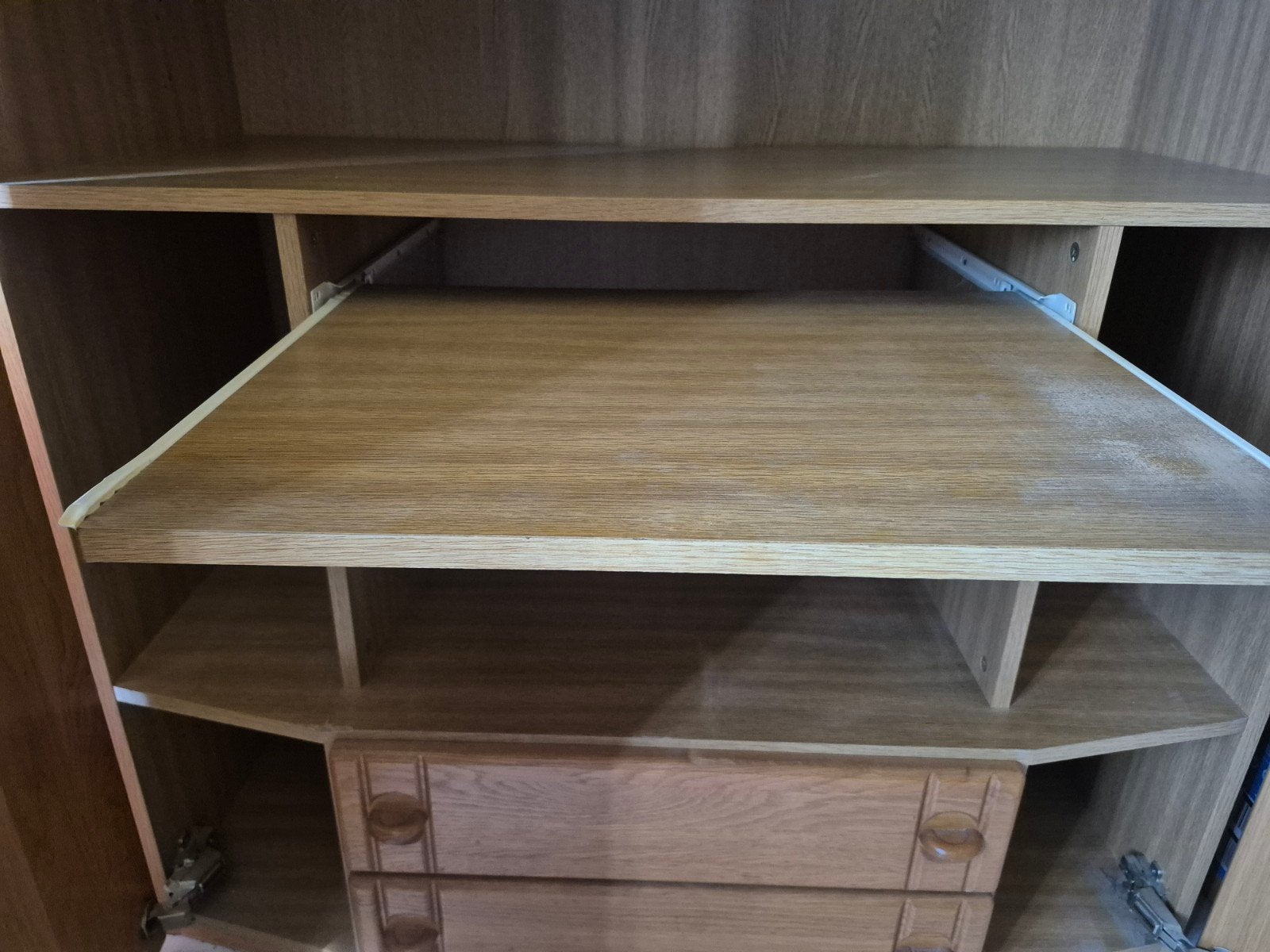 massief eiken computerkast met lades en uitschuifbaar platea, Ophalen, Gebruikt, 50 tot 100 cm, Grenenhout