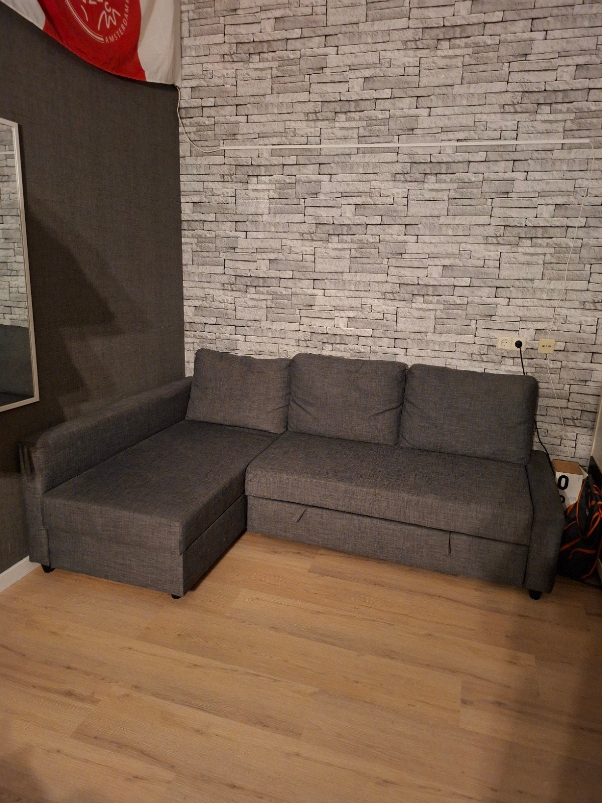 Ikea Donkergrijze slaapbank met chaise longue en opbergruimt, Huis en Inrichting, Ophalen, Gebruikt, Tweepersoons, Overige maten