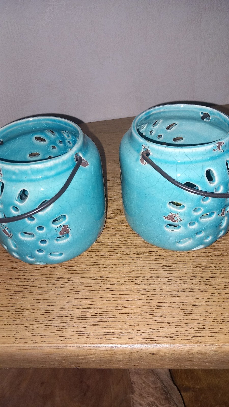 Twee turquoise windlichtjes - sfeervolle decoratie, Windlicht, Gebruikt, Blauw, Ophalen of Verzenden