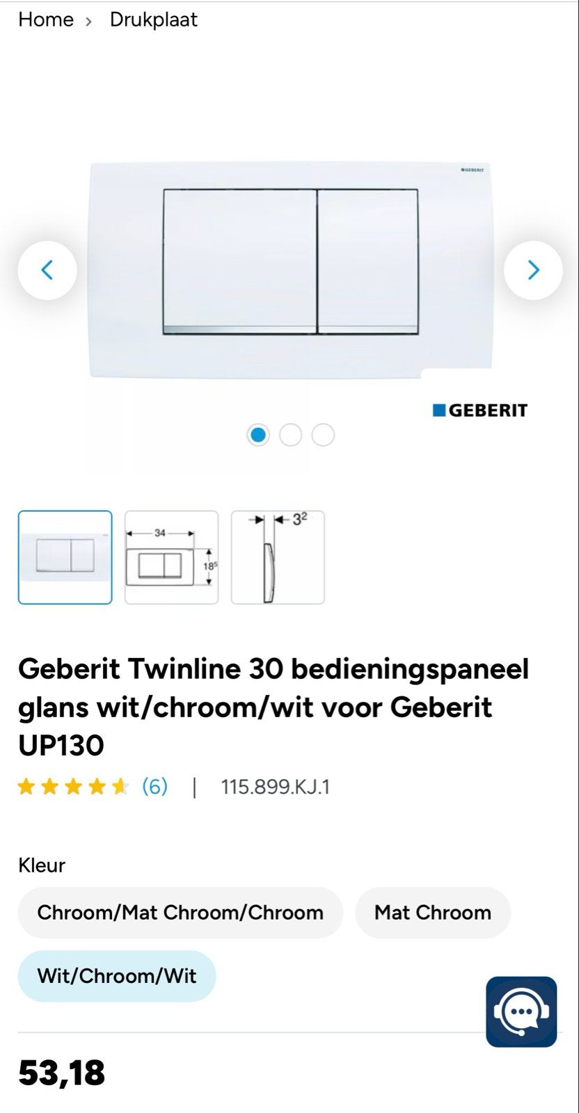 Geberit Twinline 30 bedieningspaneel wit/chroom/wit, Doe-het-zelf en Verbouw, Ophalen of Verzenden, Nieuw, Chroom, Toilet