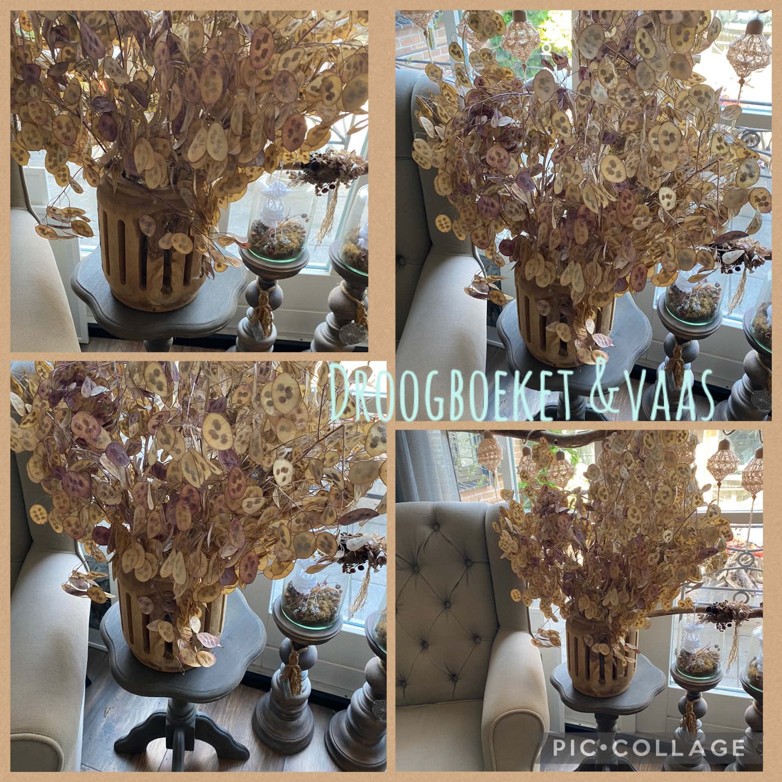 Prachtig Droogboeket met Houten Vaas, Ophalen, Overige materialen, Overige kleuren, Zo goed als nieuw