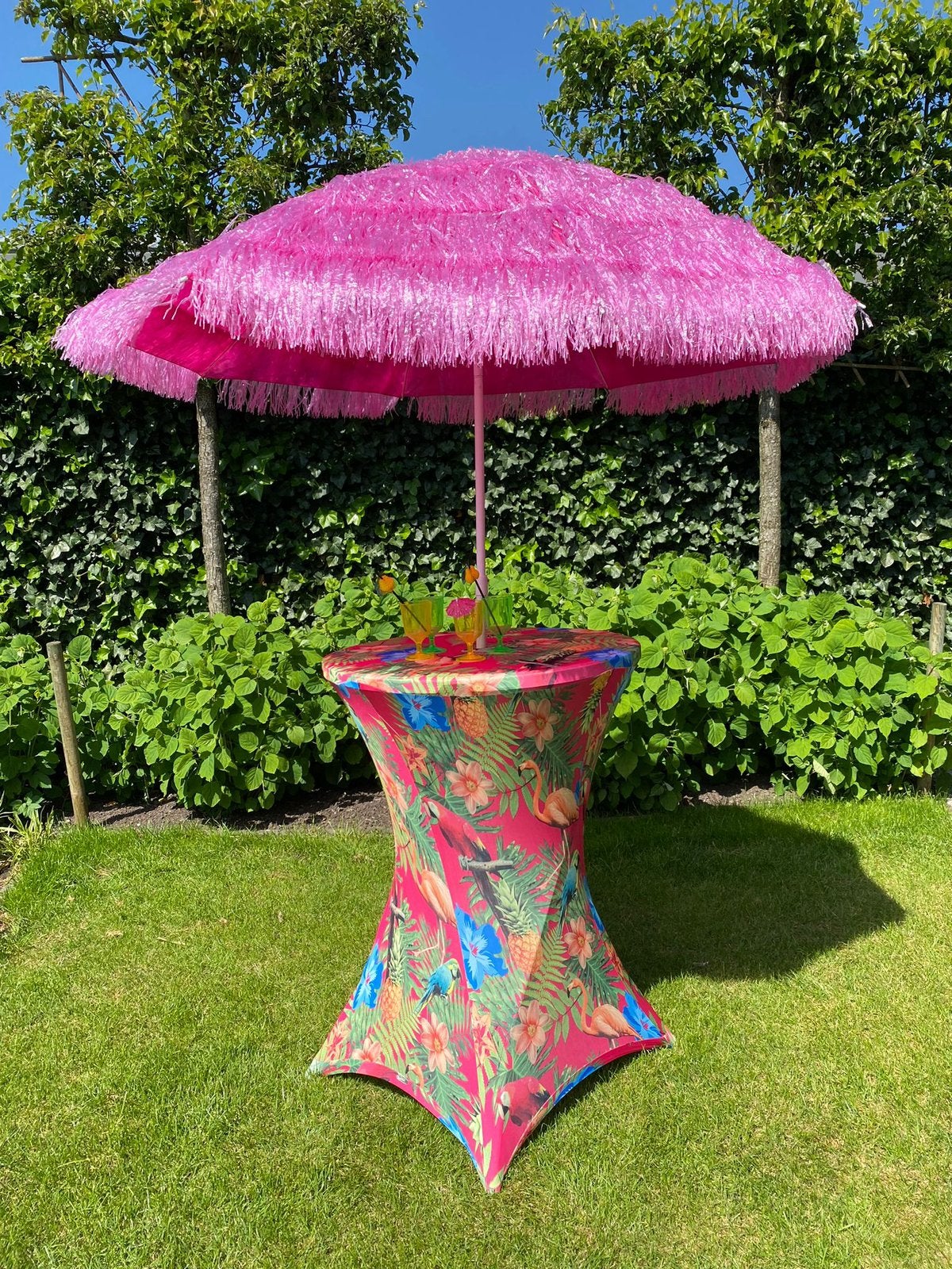 Statafel met raffia parasol huren € 12,50 parsols huur set, Ophalen of Verzenden, Zo goed als nieuw, Overige