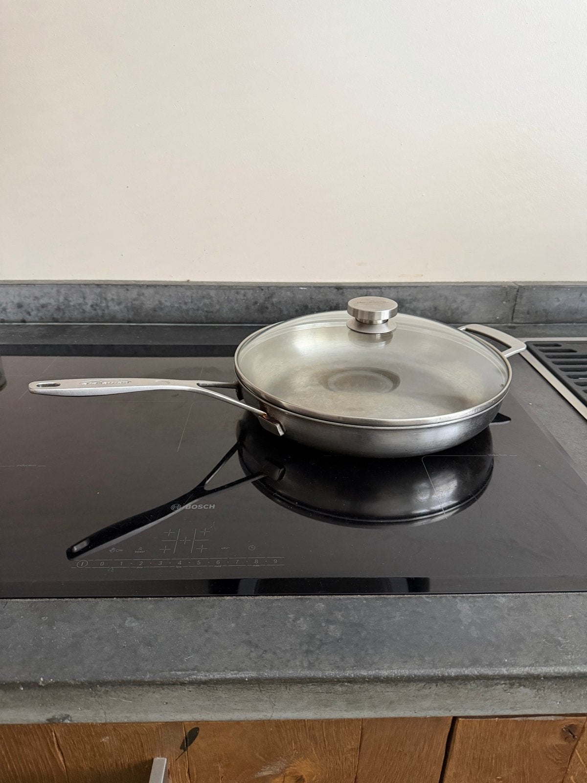 Demeyere Industry RVS Koekenpan 32 cm met Glazen Deksel, Koekenpan, Demeyere, Gebruikt, Met deksel