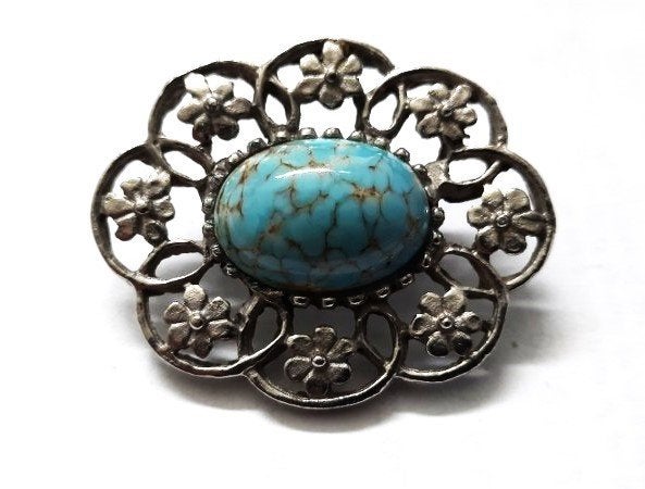 Antieke broche zilverkleurig met Turkoois-Blauwe Cabochon, Ophalen of Verzenden, Overige materialen, Broche