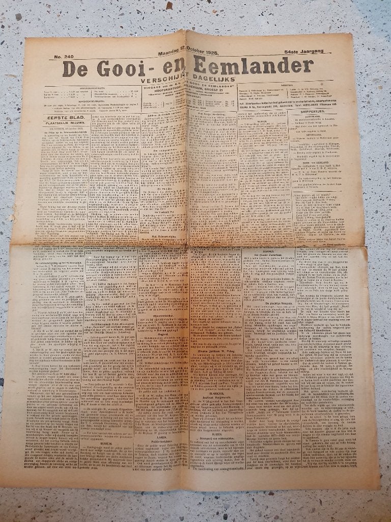 Krant: de Gooi- en Eemlander 12 oktober 1925, Ophalen of Verzenden, 1920 tot 1940, Krant