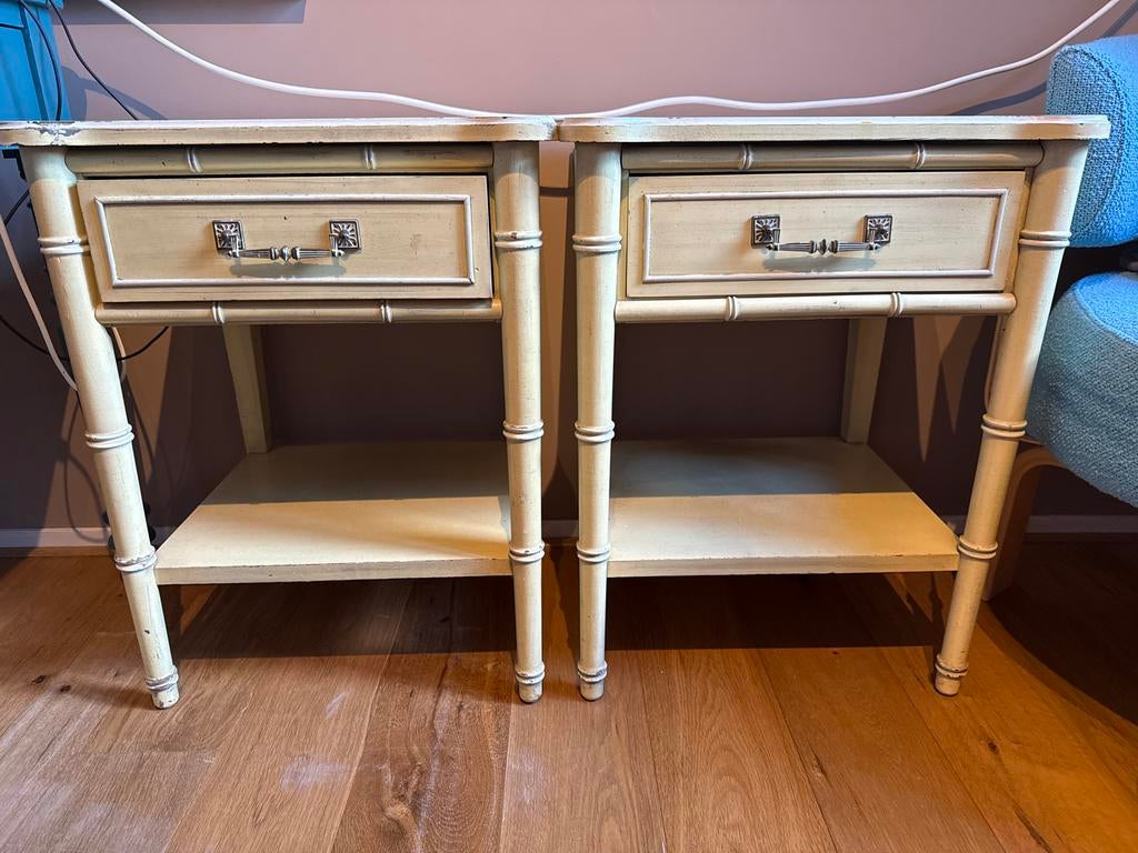 Set van 2 Hollywood Regency nachtkastjes, jaren '70 bamboe, Huis en Inrichting, Slaapkamer | Nachtkastjes, Ophalen, Gebruikt, 55 tot 70 cm