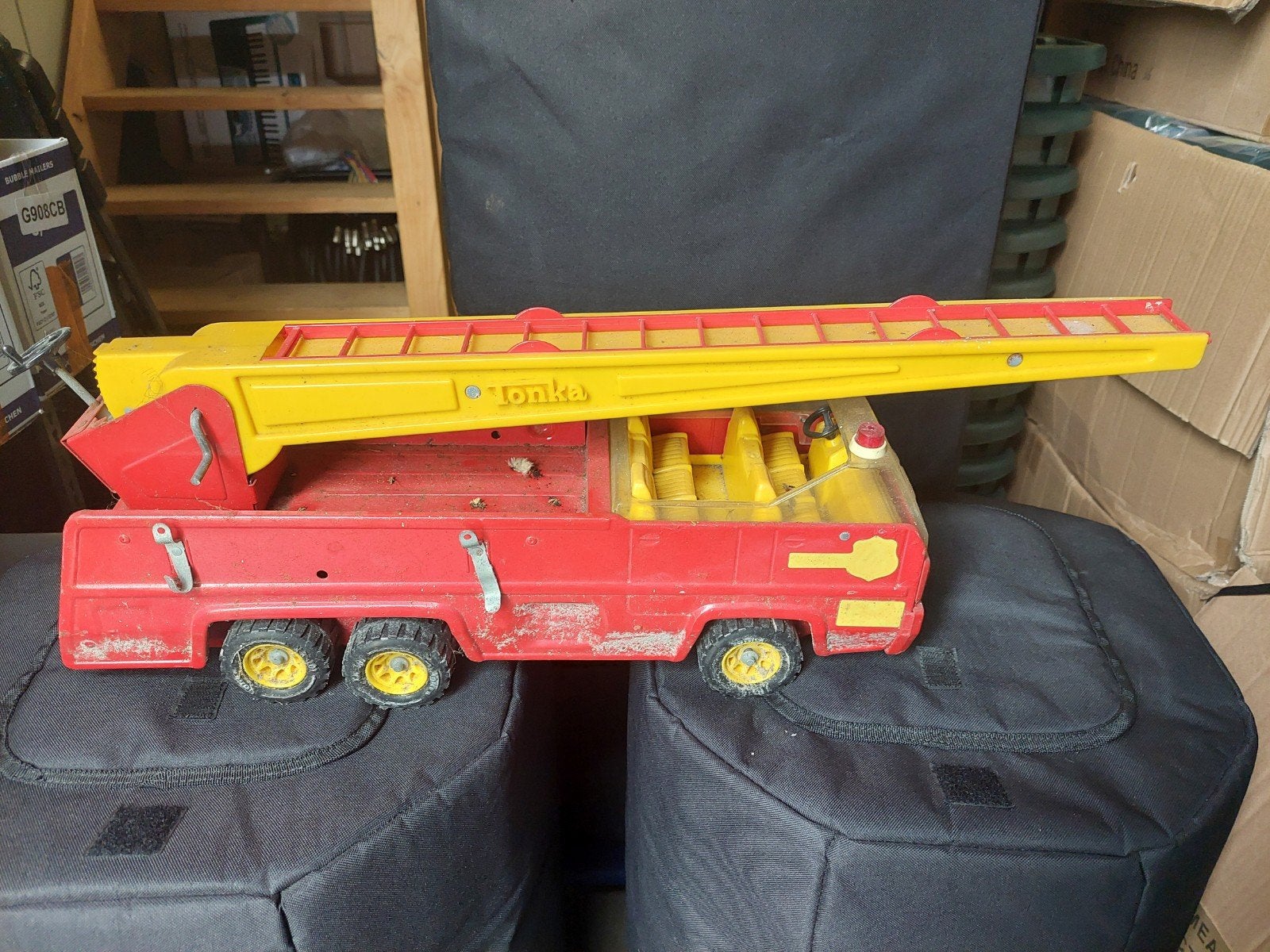 Tonka Brandweerauto Ladderwagen Vintage Rood & Geel, Gebruikt, Tonka 1 Tonka, Ophalen of Verzenden, Tonka