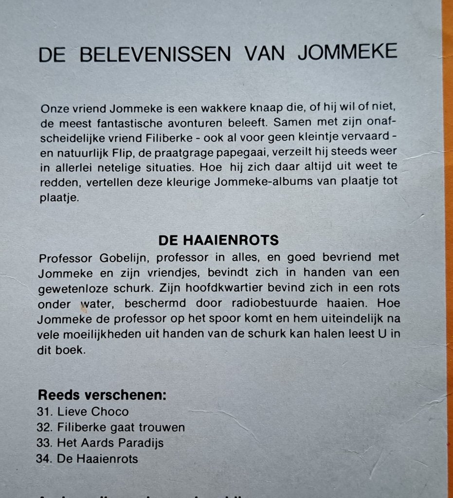 De belevenissen van Jommeke - De haaienrots (34), Eén stripboek, Ophalen of Verzenden, Gelezen