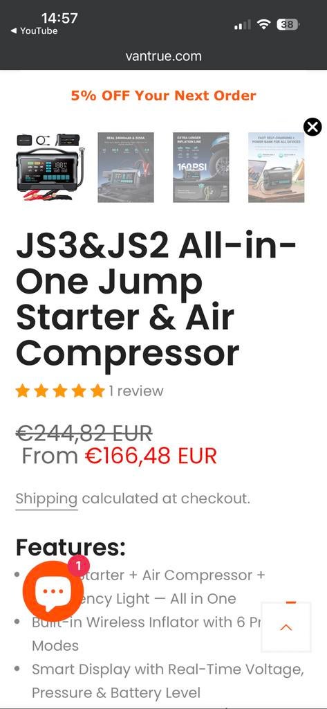 Vantrue Power JS3 3-in-1 Jumpstarter & Luchtcompressor, Ophalen of Verzenden, Nieuw