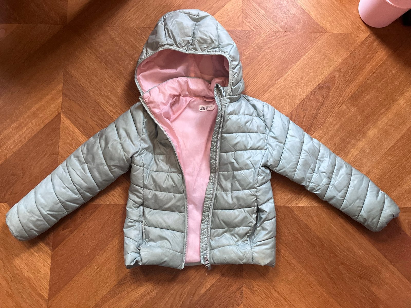 H&M Lichtgroene/roze jas maat 134 (8-9 jaar), Ophalen of Verzenden, Gebruikt, Jongen of Meisje, Jas