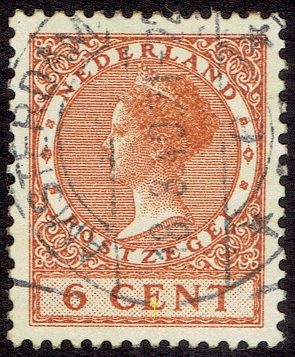 Nederland 1934, Wilhelmina Veth, 6 cent,watermerk, plaatfout, Postzegels en Munten, Verzenden, T/m 1940, Gestempeld