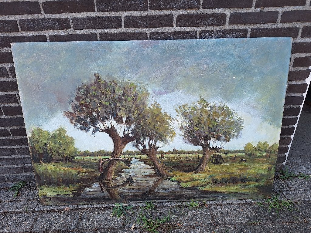 Landschap met water en bomen en Koeien  Ch Varin, Ophalen, Doek, Realistisch, Landschap