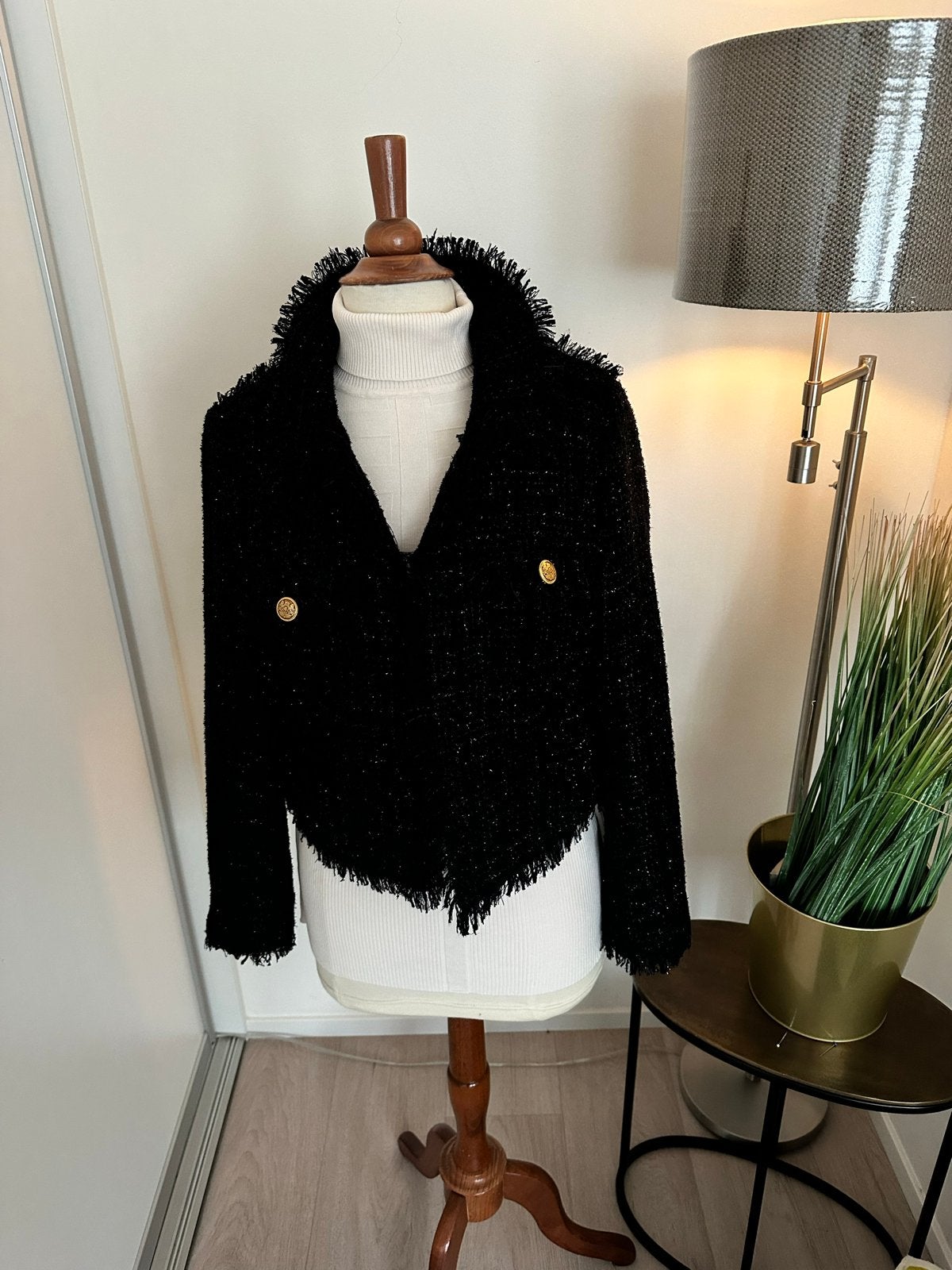 Donkerblauw tweed jasje met glinster maat 40/42, Ophalen of Verzenden, Zo goed als nieuw, Maat 42/44 (L), Blauw