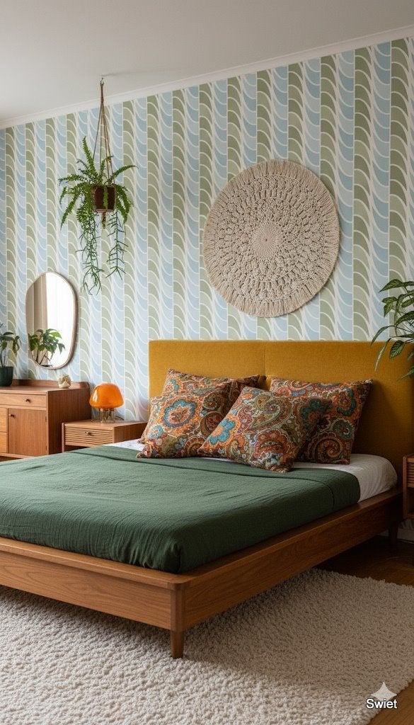 14056 Fris vinyl behang blauwgroen golvend patroon swiet, Ophalen of Verzenden, Groen