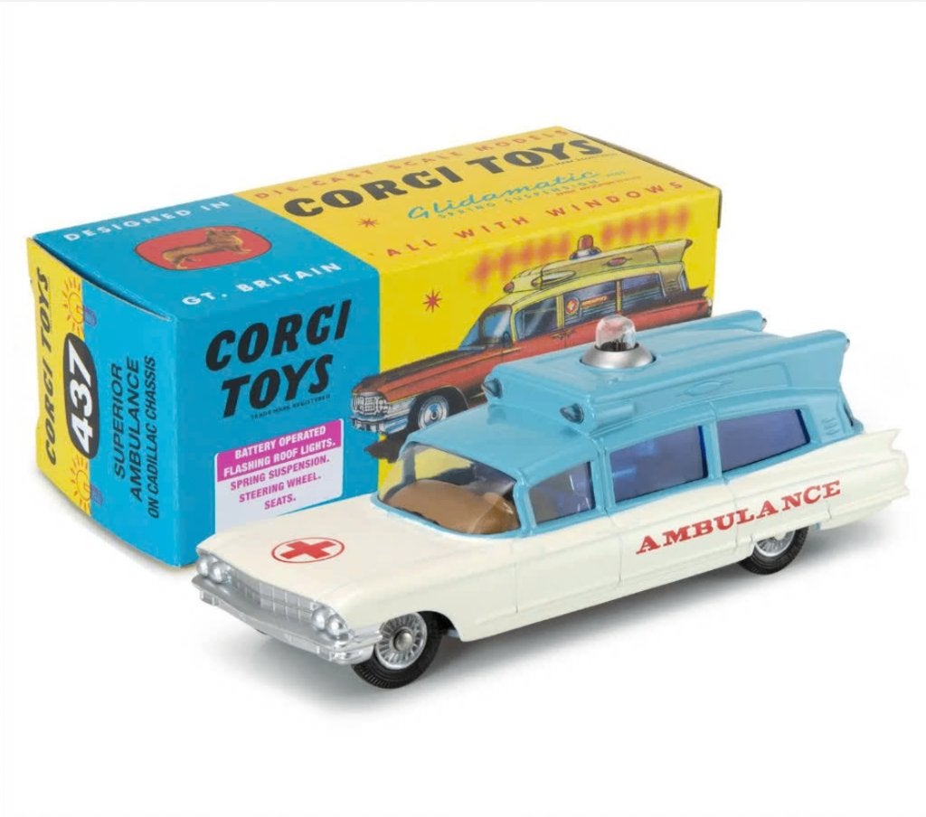 Cadillac Superior Ambulance WIT / BLAUW 1/43 CORGI NEW R 437