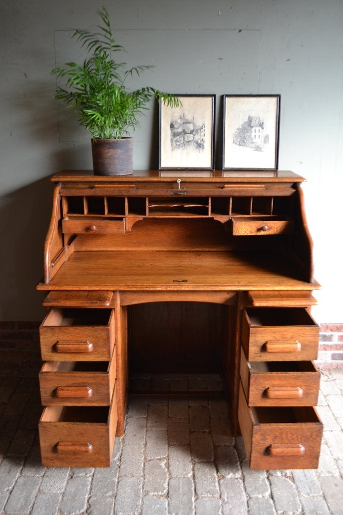 Prachtig antiek eiken houten rolluikbureau, secretaire., Verzenden