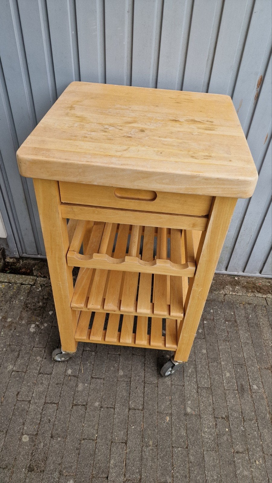 Houten serveerwagen met snijplank en wijnrek, Ophalen, Hout