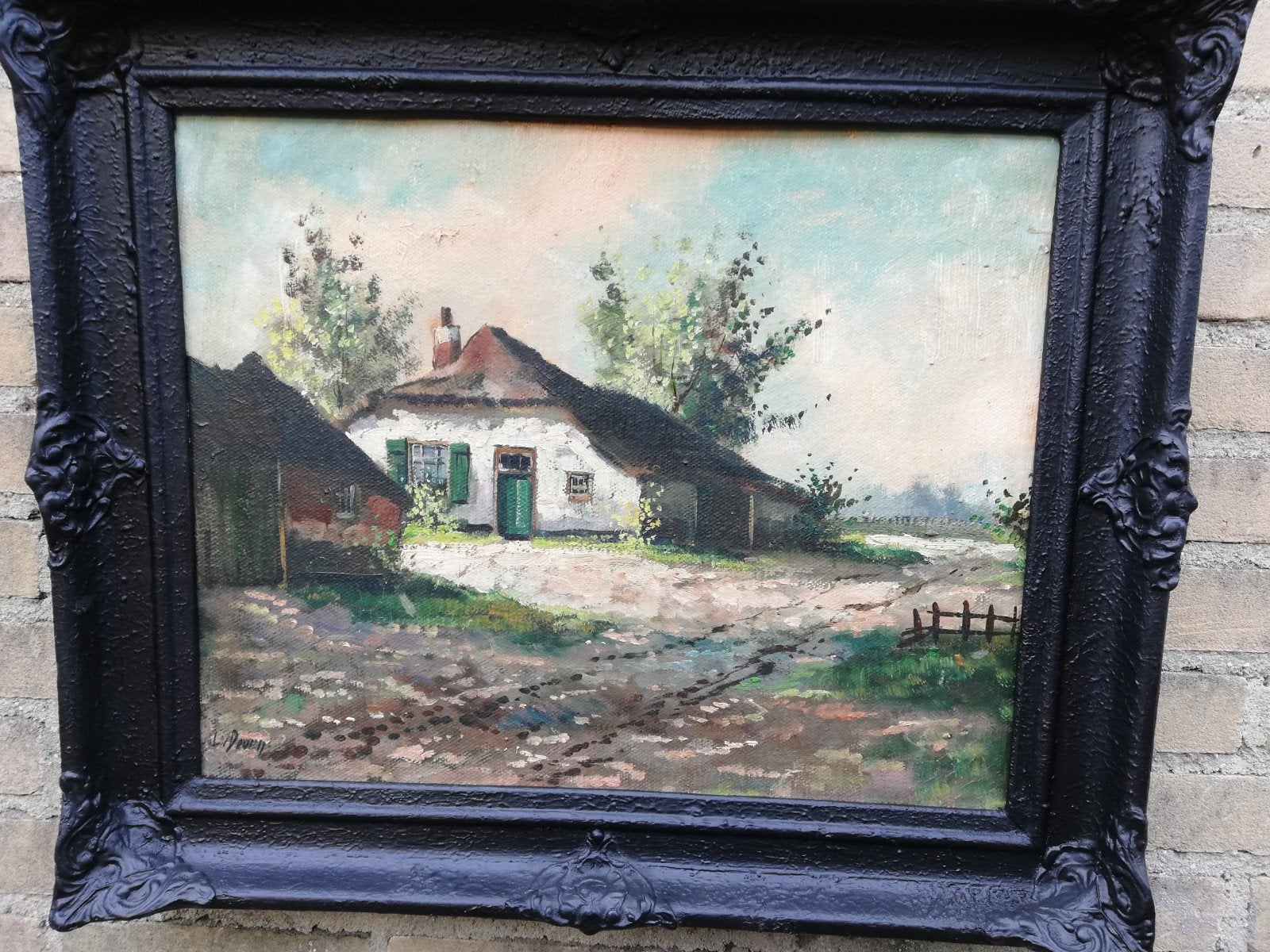 L. van Doven, Boerderij aan zandpad.Ca'30. Olie/doek. 61/51, Antiek en Kunst, Kunst | Schilderijen | Klassiek, Doek, Origineel werk