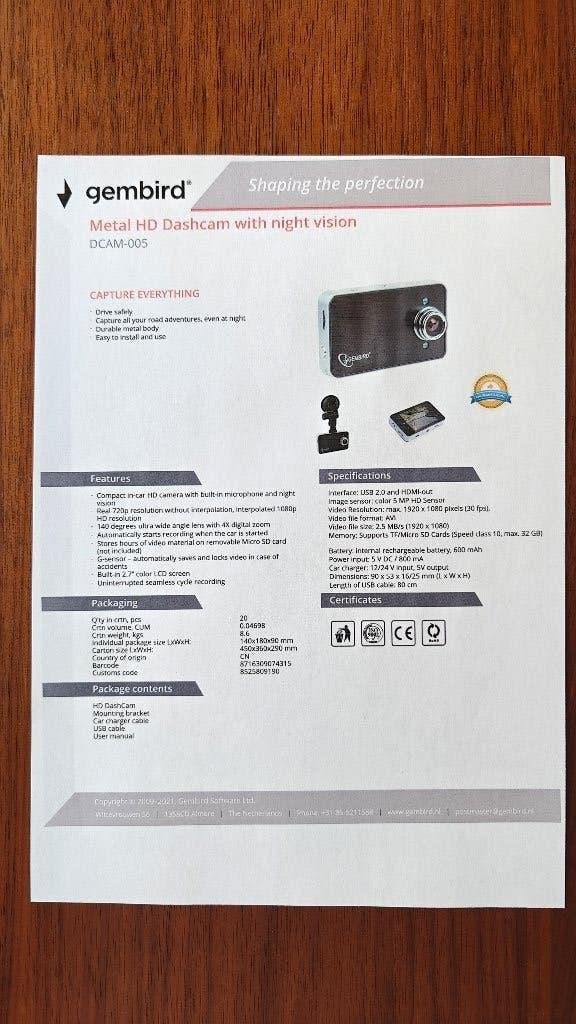 Gembird DCAM-005 1080p dashcam (2 stuks), Auto diversen, Dashcams, Ophalen of Verzenden, Gebruikt