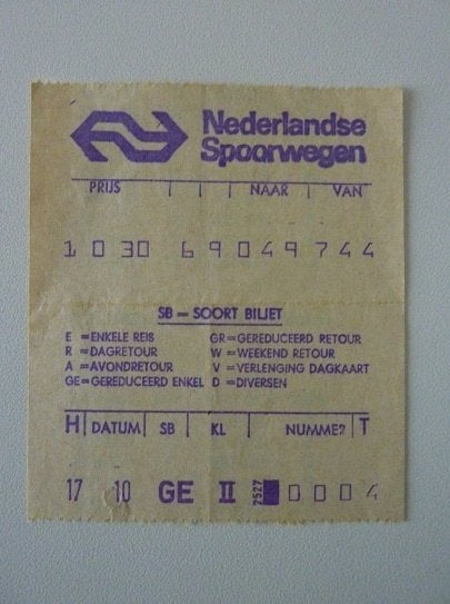 NS Treinkaartje jaren '70/'80 - Vintage papieren ticket, Ophalen, Gebruikt, Trein, Kaart of Prent
