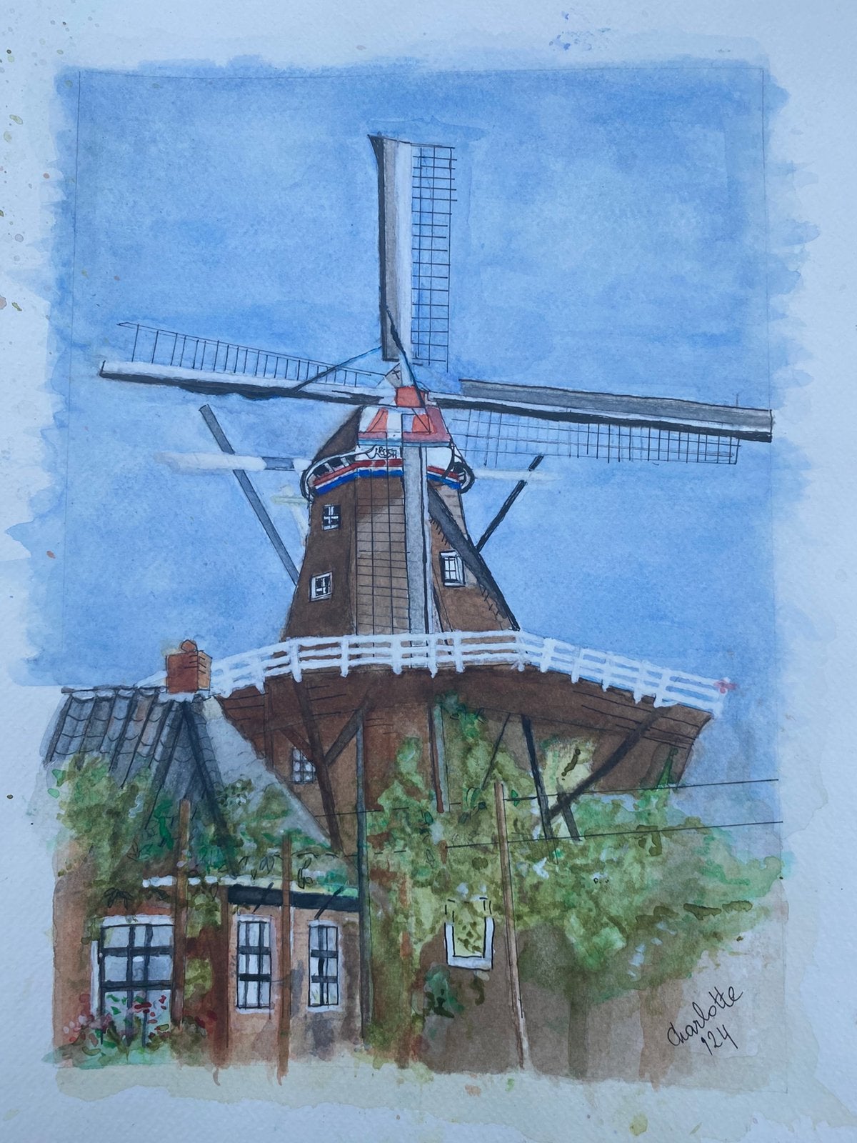Ingelijst jste Aquarel molen in Onderdendam, Antiek en Kunst, Ophalen of Verzenden, Klassiek, Aquarel, Gesigneerd