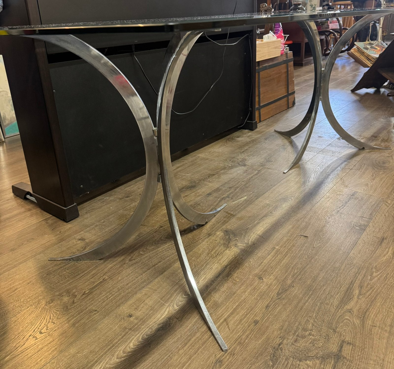 Space age design tafel metalen voeten glazen blad, Ophalen