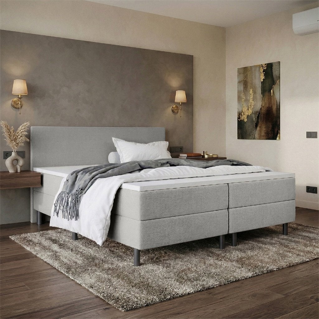 ACTIEMODEL boxspring 200 x 220 - Stof Grijs | Extra Lang, Ophalen of Verzenden, Overige maten, 220 cm, Nieuw