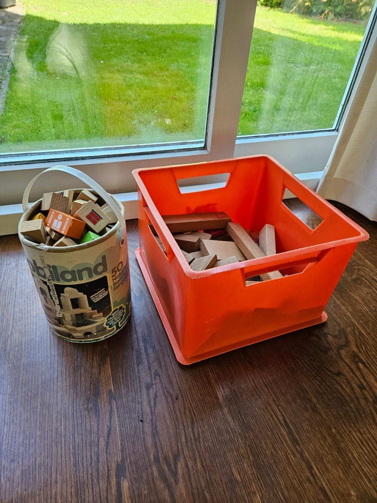 veel houten bouwblokken in emmer en bak, Ophalen of Verzenden, Gebruikt, Overige merken