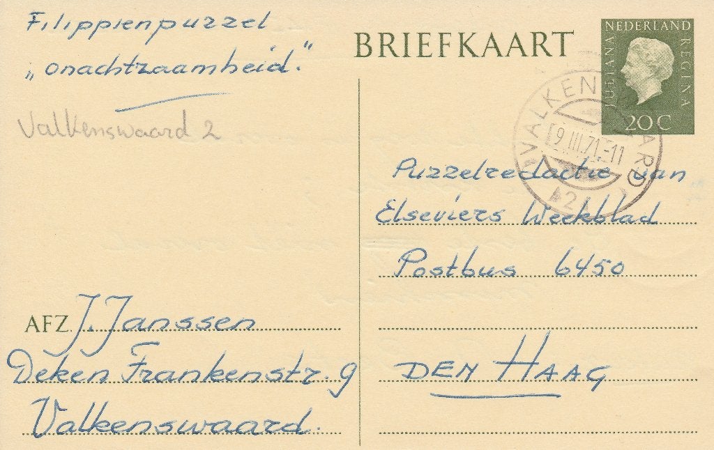 VALKENSWAARD 1971 JJ. JANSSEN Deken Frankenstr. 9, Ophalen of Verzenden, 1960 tot 1980, Gelopen, Noord-Brabant