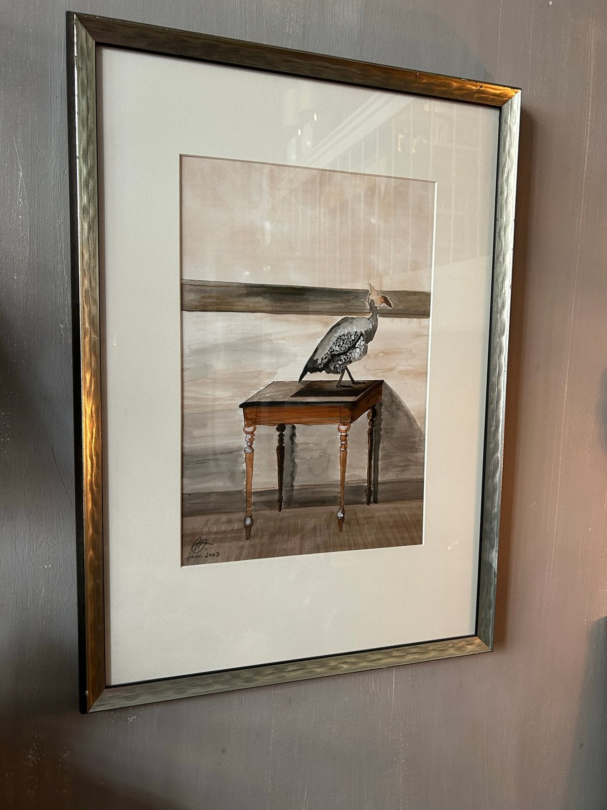 Acrylverf schilderij met vogel op tafel, 46x65 cm, Ophalen