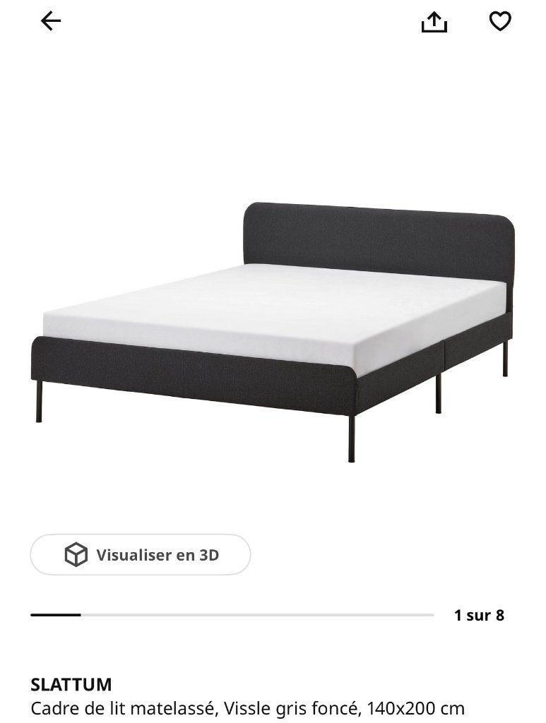 Ikea slattum 140x200 donkergrijsen matras met veren, Ophalen, Wit, Tweepersoons, 140 cm
