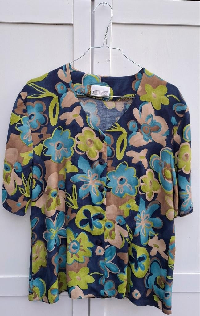 Vintage blouse, maat 42/XL - donkerblauw - bloemen - 90's, Kleding | Dames, Maat 42/44 (L), Onbekend, Ophalen of Verzenden, Vintage