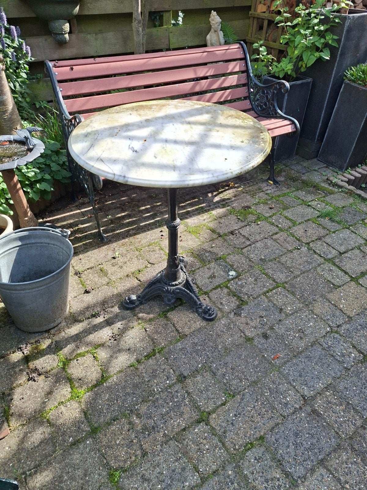 Tuintafel Bistrotafel met marmeren blad en gietijzeren poot, Ophalen, Gebruikt, Rond, Overige materialen