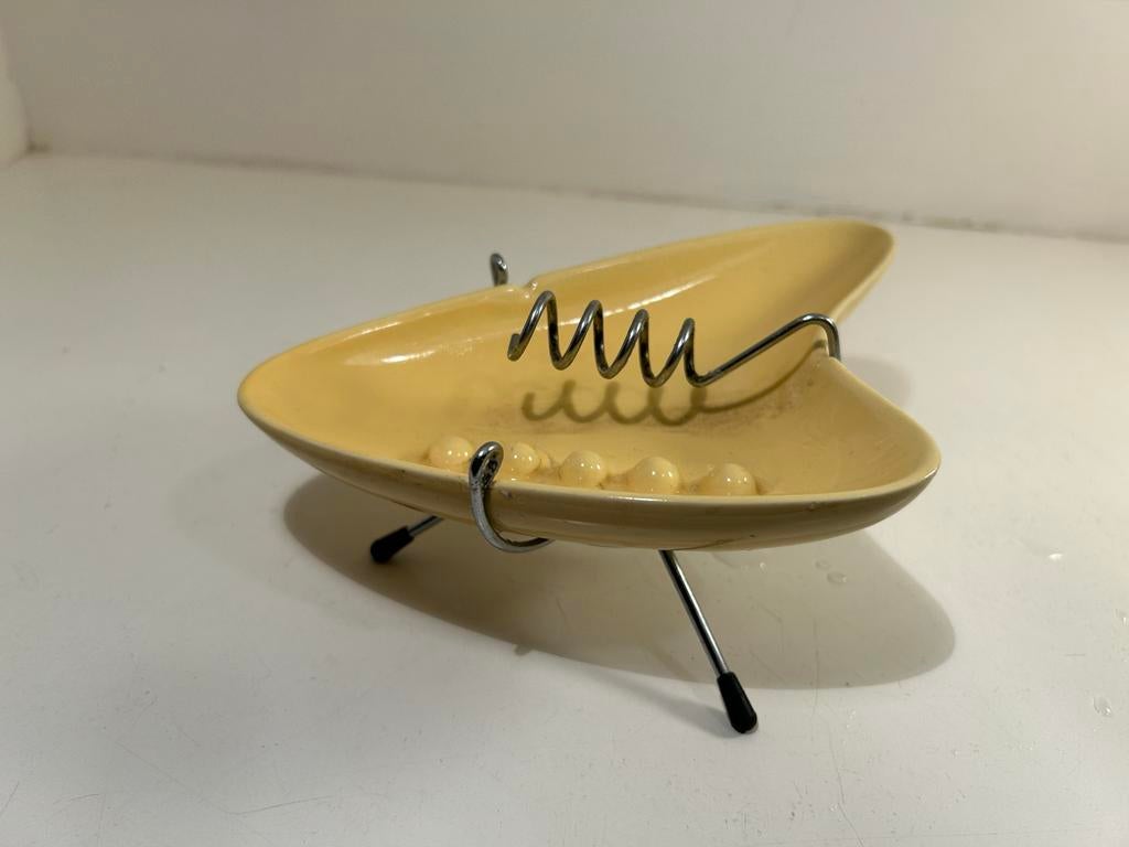 Vintage Gele Keramische Asbak op Metalen Standaard, Ophalen of Verzenden