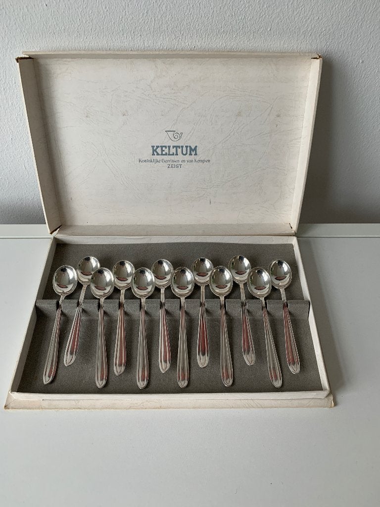 Verzilverde lepeltjes van Keltum, 12 stuks in doos, Royal Van Kempen & Begeer, Bestekset, Overige typen, Ophalen of Verzenden