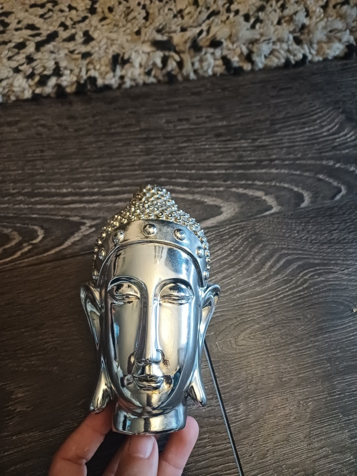 Zilverkleurige Boeddha Hoofd Decoratie, Gebruikt, 16 cm, Ophalen of Verzenden, Zilver