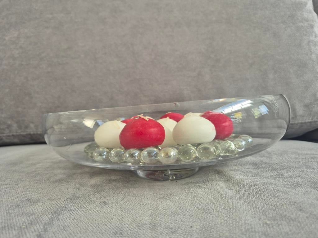 Decoratie schaal met glazen steentjes en drijfkaarsjes, Schaal, Ophalen of Verzenden, Ovaal, Glas