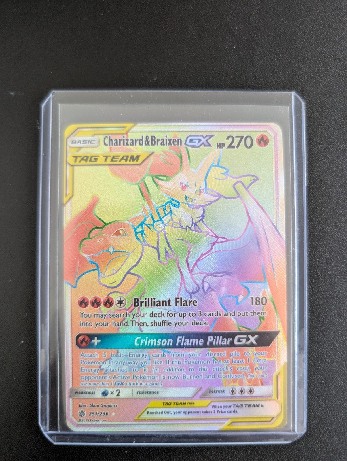 Pokemon Charizard & Braixen GX (251/236, Cosmic Eclipse), Ophalen of Verzenden, Zo goed als nieuw, Losse kaart, Foil