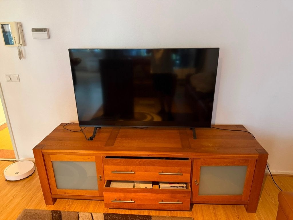 Massief houten tv-meubel – 190 cm, Ophalen, Gebruikt, 150 tot 200 cm, Eikenhout
