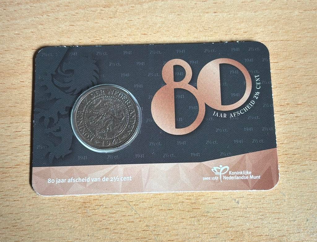 Coincard 80 jaar afscheid van de 2,5 cent, Ophalen of Verzenden, Koningin Wilhelmina, Overige waardes, Losse munt