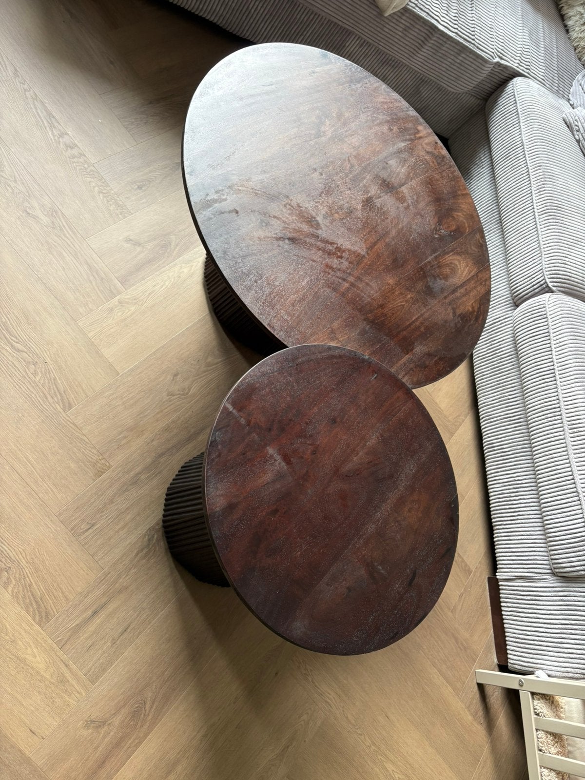 Salontafel Salvator Walnoot Ø80cm en Ø50cm mangohout, Huis en Inrichting, Ophalen, 100 tot 150 cm, 50 tot 100 cm, Zo goed als nieuw